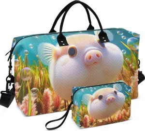 Cute Pufferfish Pig Ocean Travel Duffel Bags Cosmetic Bags Set of 2, Print Women Small Duffle Bag Carry on Bags