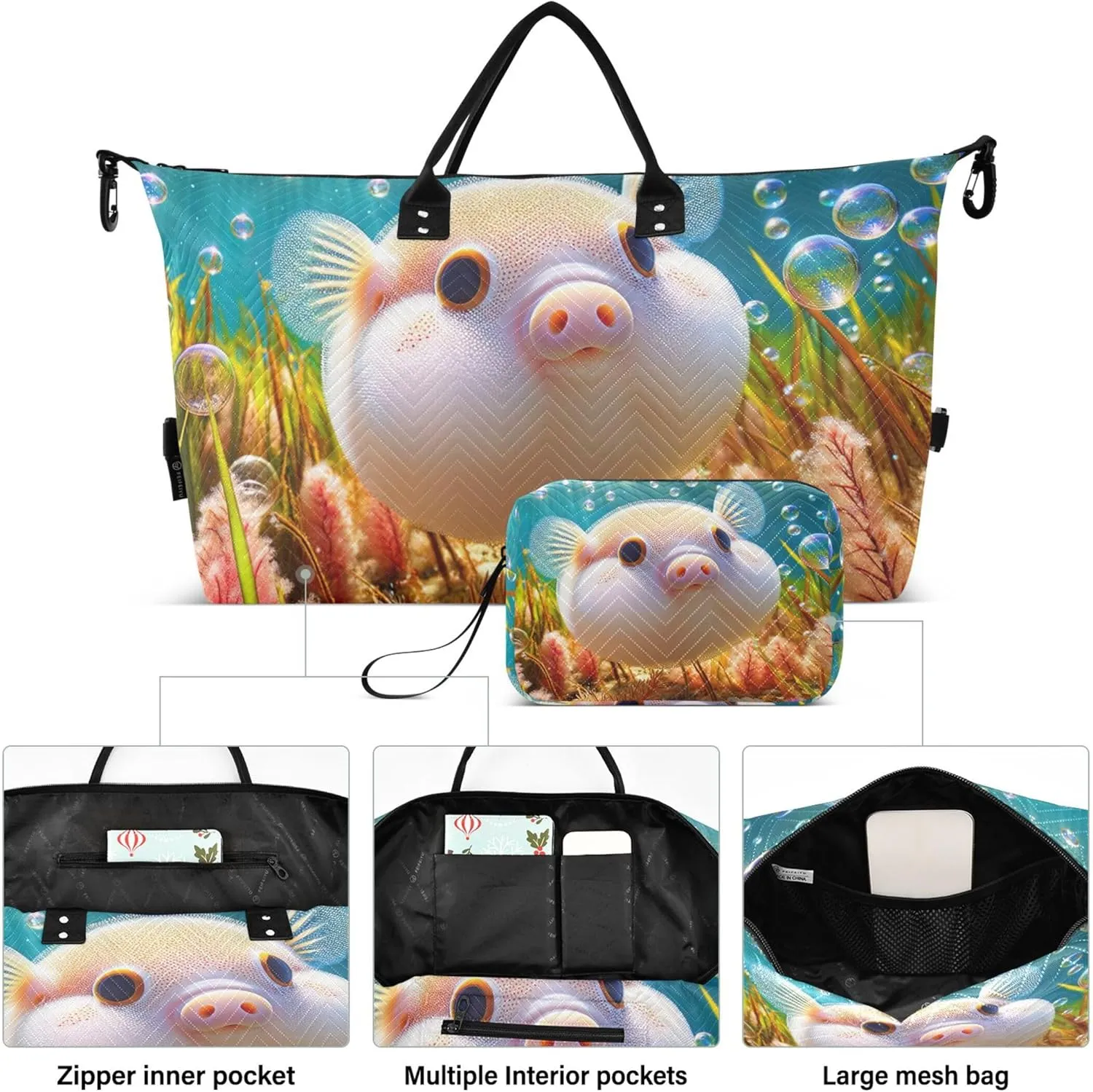 Cute Pufferfish Pig Ocean Travel Duffel Bags Cosmetic Bags Set of 2, Print Women Small Duffle Bag Carry on Bags