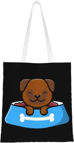 Cute Pug on Food Bowl Tote Bag for Women Canvas Shopping Bags Reusable Large Capacity Casual Shoulder Handbags Grocery Bags DIY Gift Bags