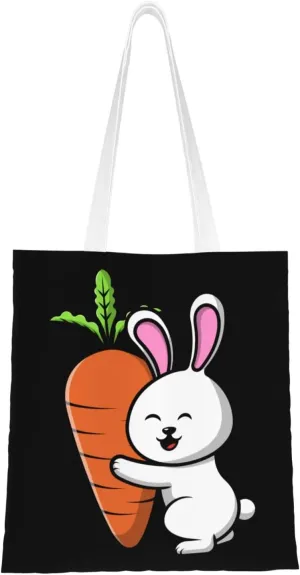 Cute Rabbit Holding a Big Carrot Tote Bag for Women Canvas Shopping Bags Reusable Large Capacity Casual Shoulder Handbags Grocery Bags