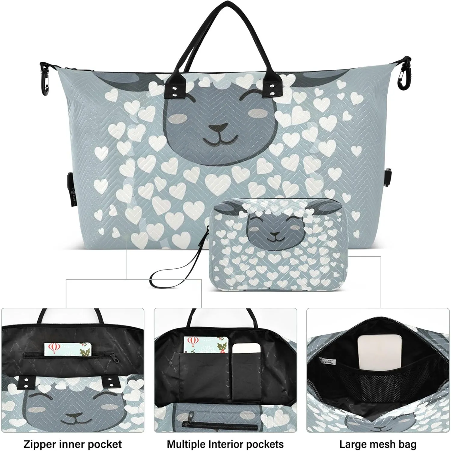 Cute Sheep Hearts Grey Duffel Bags Travel Toiletry Bags Set of 2, Print Women Gym Bags Tote Overnight Bags