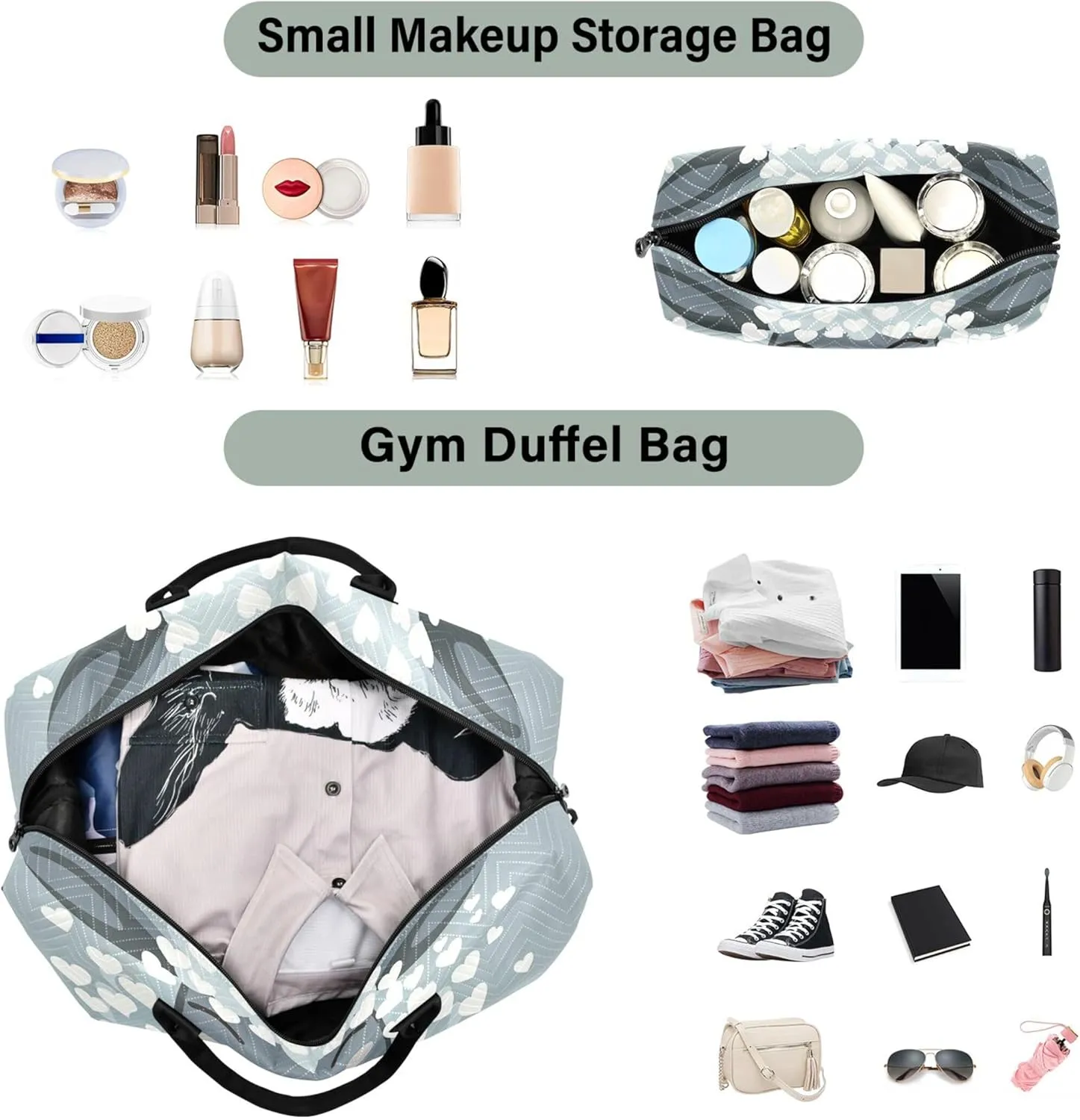 Cute Sheep Hearts Grey Duffel Bags Travel Toiletry Bags Set of 2, Print Women Gym Bags Tote Overnight Bags