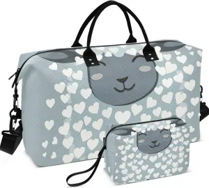 Cute Sheep Hearts Grey Duffel Bags Travel Toiletry Bags Set of 2, Print Women Gym Bags Tote Overnight Bags