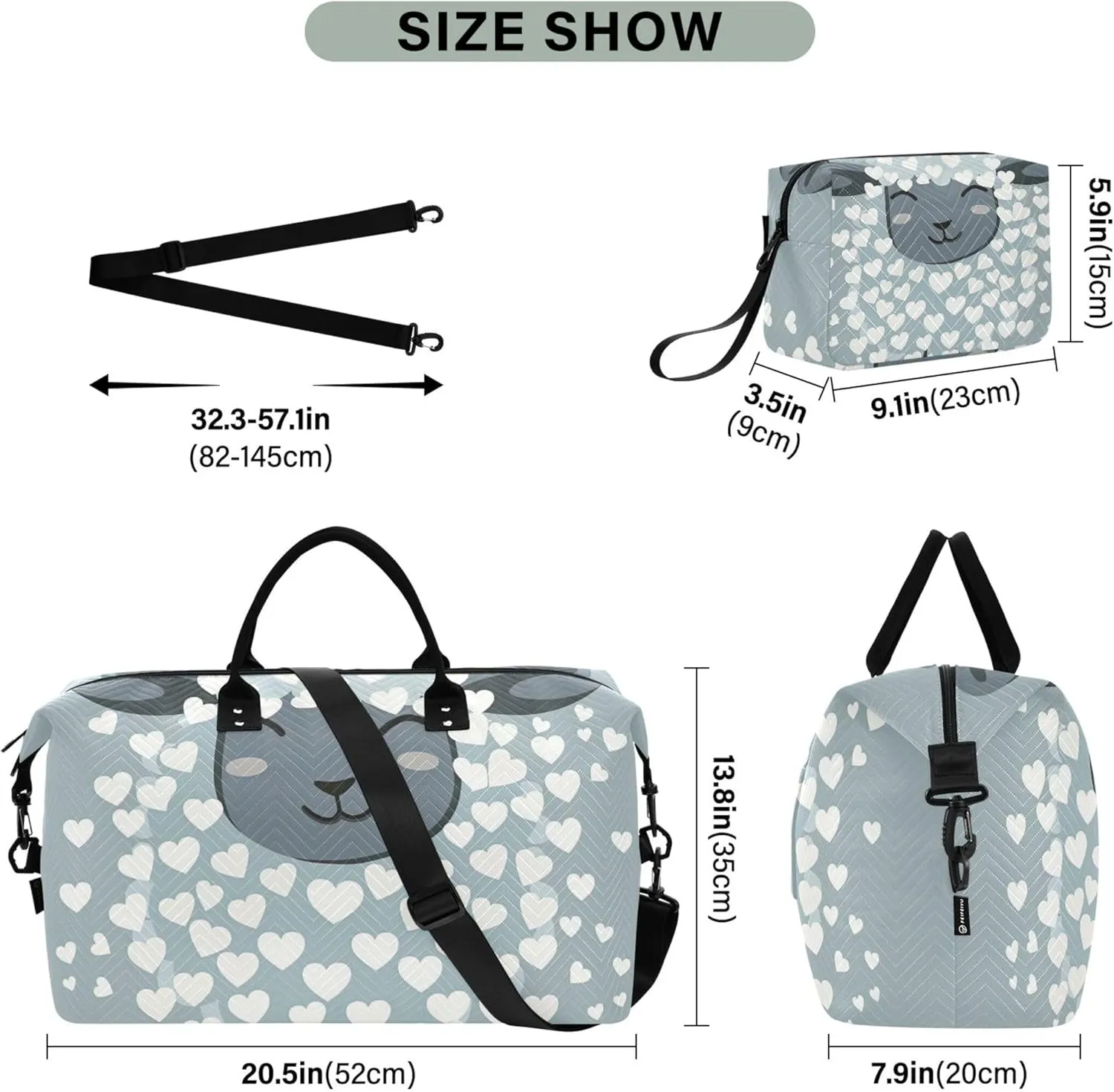 Cute Sheep Hearts Grey Duffel Bags Travel Toiletry Bags Set of 2, Print Women Gym Bags Tote Overnight Bags