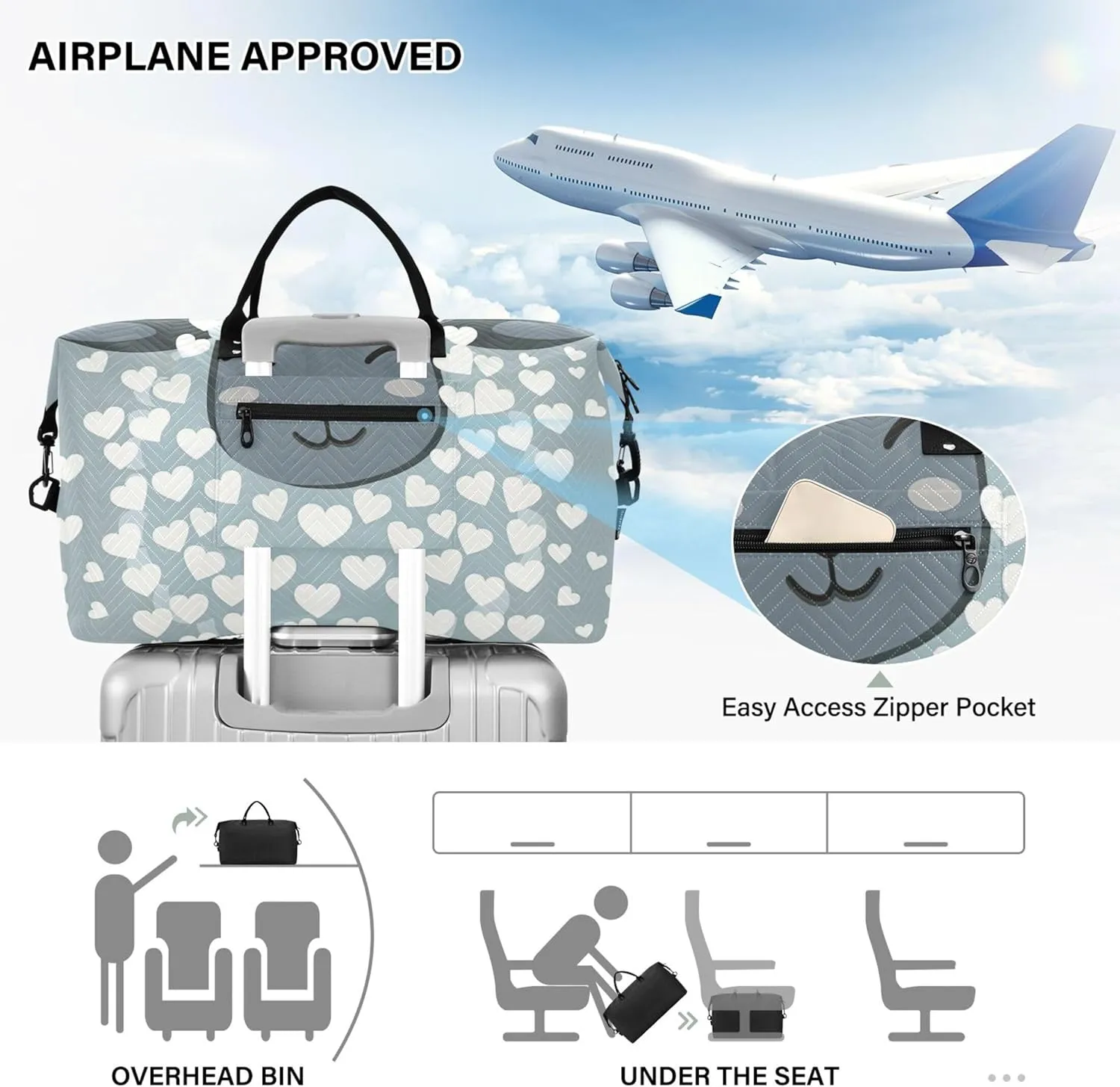 Cute Sheep Hearts Grey Duffel Bags Travel Toiletry Bags Set of 2, Print Women Gym Bags Tote Overnight Bags