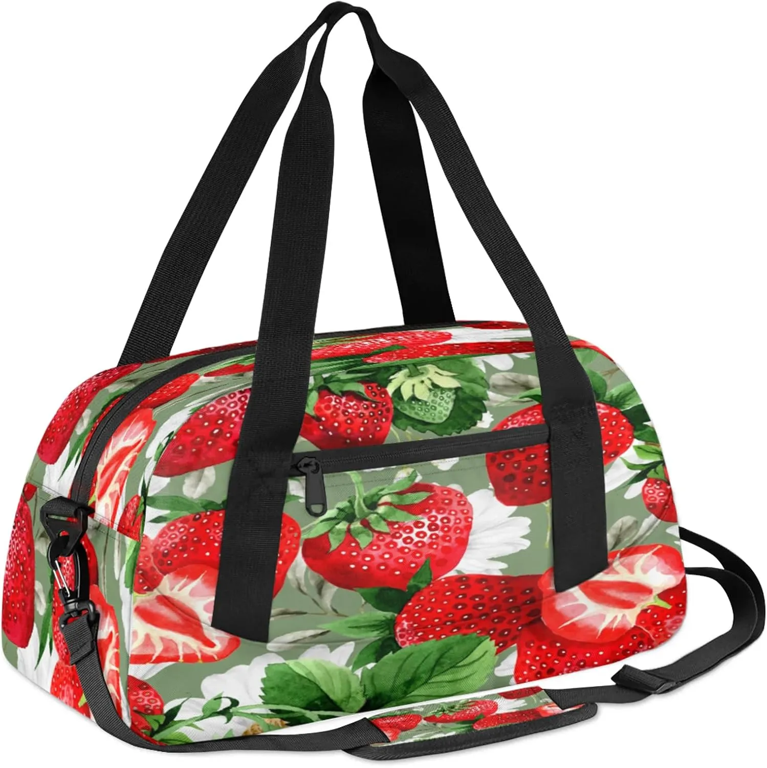 Cute Strawberry Kids Duffel Bag Lightweight Waterproof Sports Gym Bag with Front Zipper Pocket Foldable Weekender Overnight Bag for School Practice Gymnastic Ballet