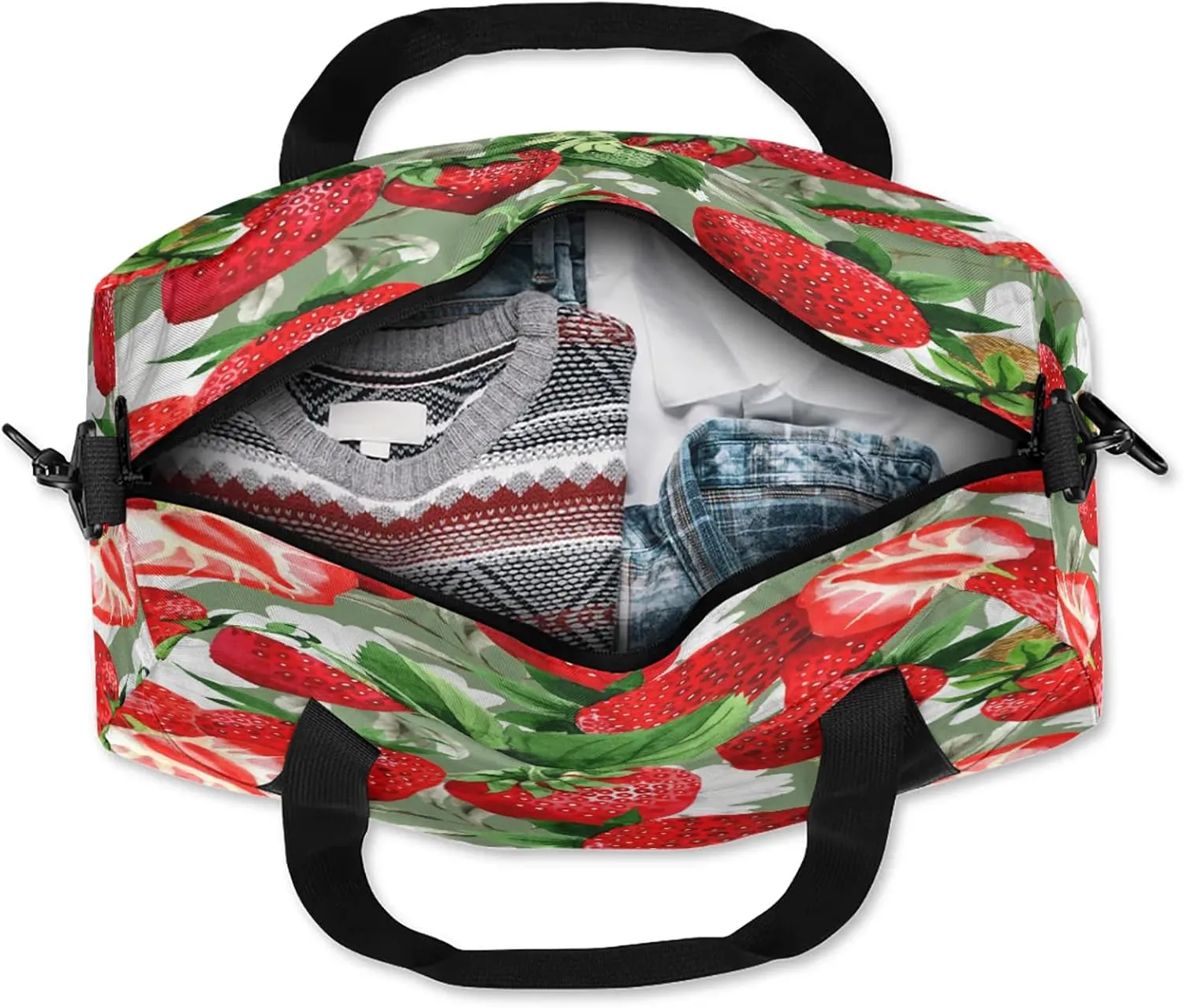 Cute Strawberry Kids Duffel Bag Lightweight Waterproof Sports Gym Bag with Front Zipper Pocket Foldable Weekender Overnight Bag for School Practice Gymnastic Ballet