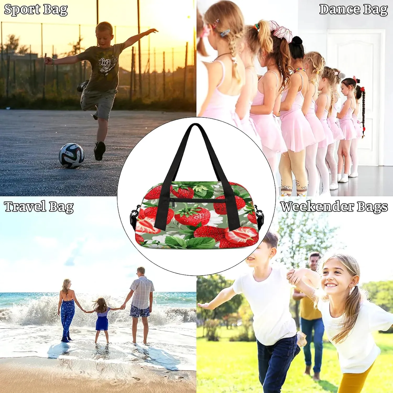 Cute Strawberry Kids Duffel Bag Lightweight Waterproof Sports Gym Bag with Front Zipper Pocket Foldable Weekender Overnight Bag for School Practice Gymnastic Ballet