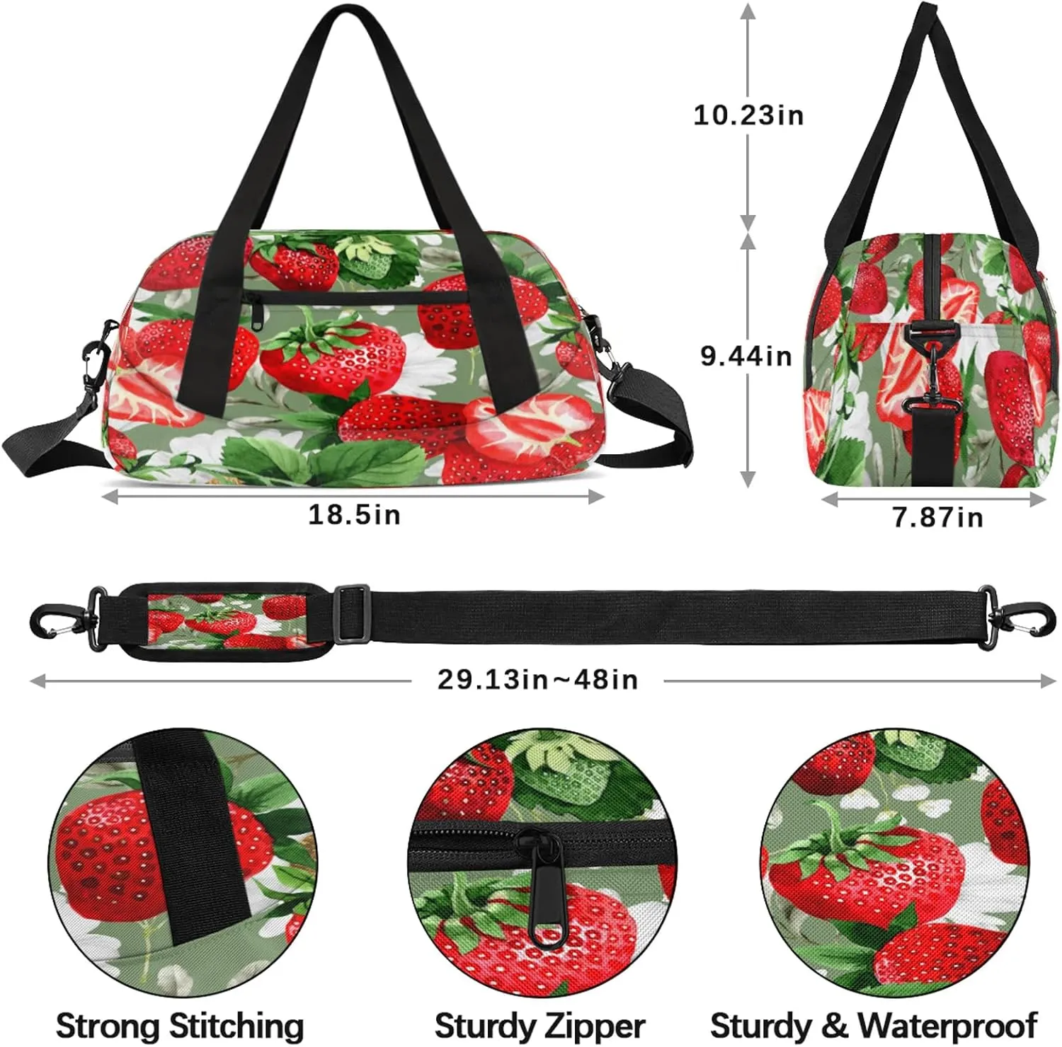 Cute Strawberry Kids Duffel Bag Lightweight Waterproof Sports Gym Bag with Front Zipper Pocket Foldable Weekender Overnight Bag for School Practice Gymnastic Ballet