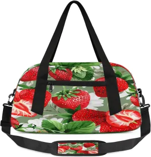 Cute Strawberry Kids Duffel Bag Lightweight Waterproof Sports Gym Bag with Front Zipper Pocket Foldable Weekender Overnight Bag for School Practice Gymnastic Ballet