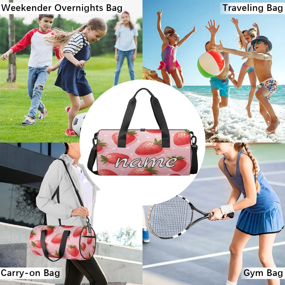 Cute Strawberry Personalized Dance Bags, Cute Strawberry Custom Sport Duffel Bag Travel Duffle Bag Overnight Weekender Bag