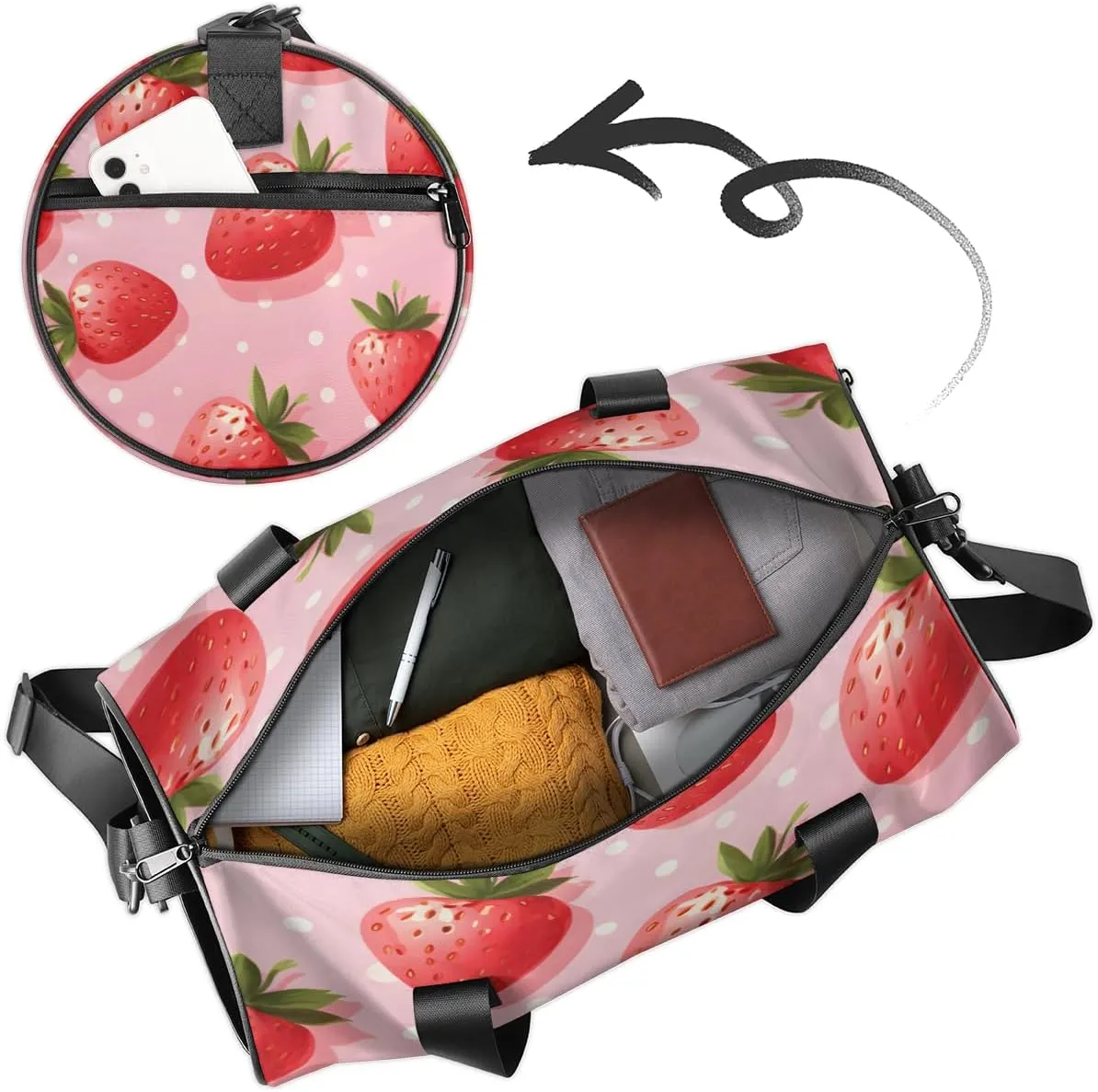 Cute Strawberry Personalized Dance Bags, Cute Strawberry Custom Sport Duffel Bag Travel Duffle Bag Overnight Weekender Bag