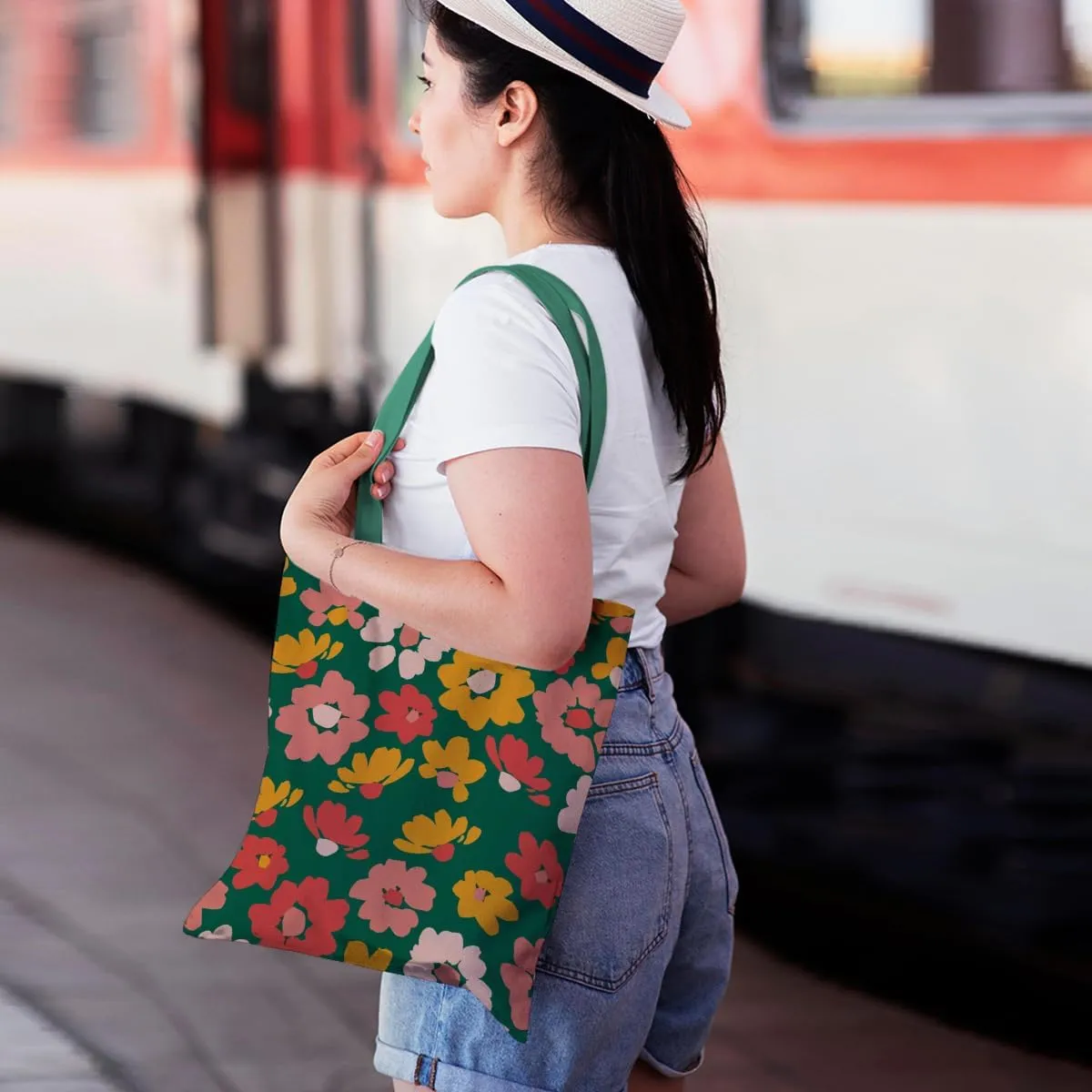 Cute Tote Bag for Women Floral Cat Gifts Boho Butterfly Forest Animals Reusable Grocery Bags Cat Lover Gifts