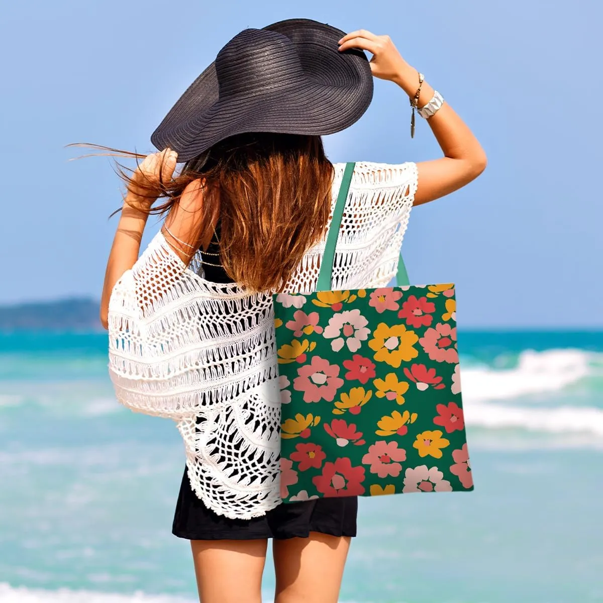 Cute Tote Bag for Women Floral Cat Gifts Boho Butterfly Forest Animals Reusable Grocery Bags Cat Lover Gifts