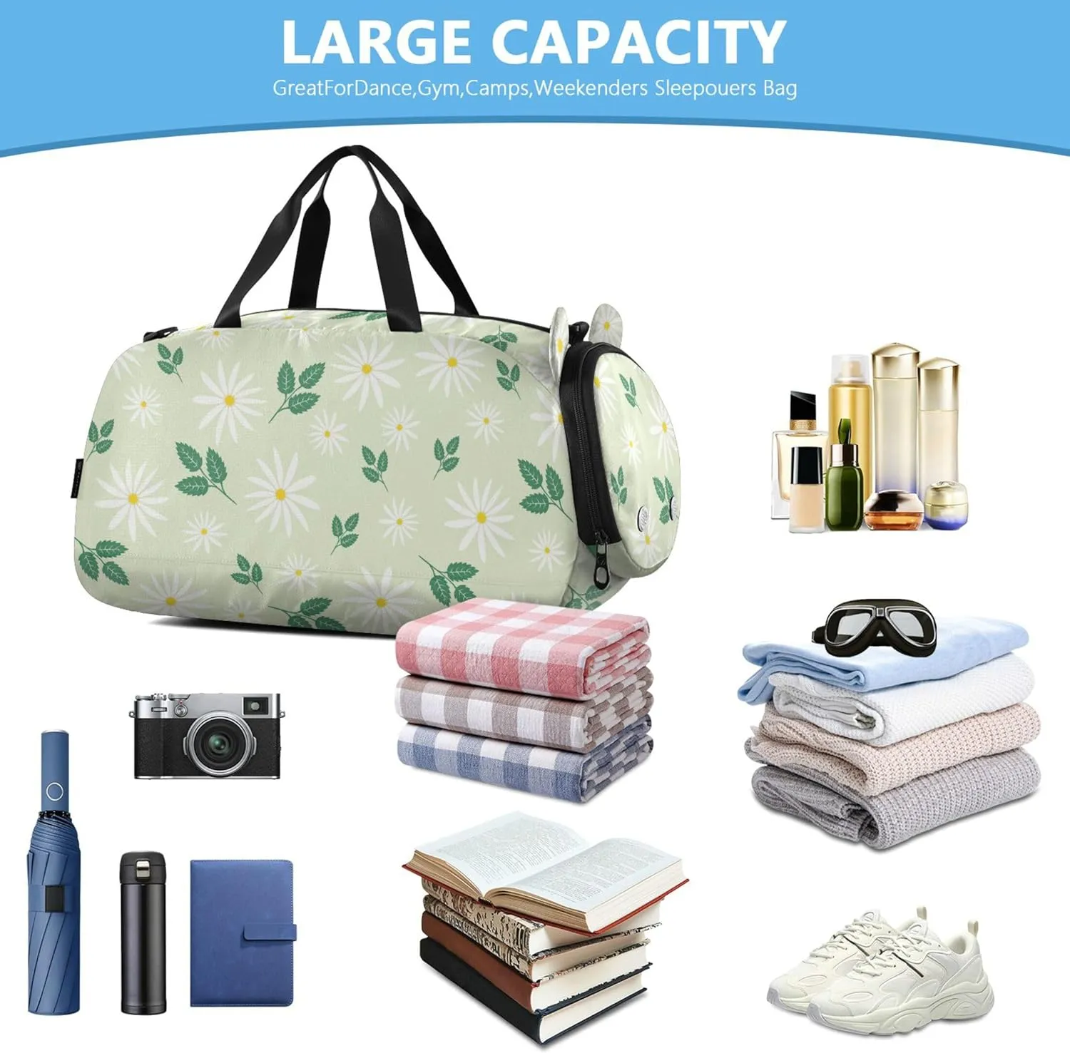 Daisy Floral Girl's Gym Duffel Bag with Shoes Compartment Multifunctional Kids Overnight Duffel Bag for School Practice, Sports, Travel