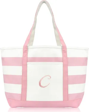 DALIX Striped Beach Bag Tote Bags Satchel Personalized Pink Ballent Letter A - Z