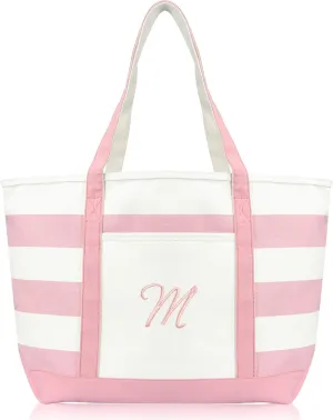 DALIX Striped Beach Bag Tote Bags Satchel Personalized Pink Ballent Letter A - Z