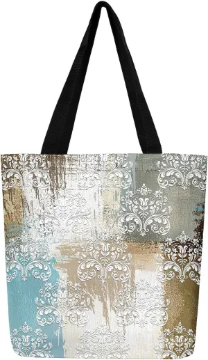 Damask Floral Canvas Bag,Vintage European Tote Bags,Abstract Oil Art Shopping Handbag