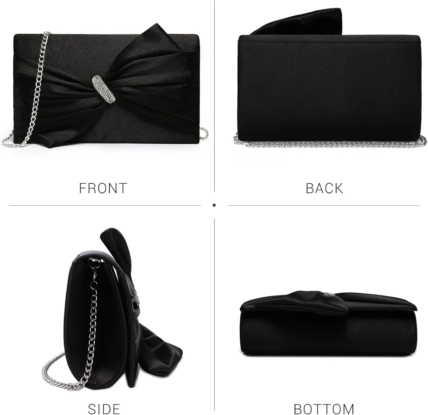 Dasein Women Elegant Satin Bow Flap Evening Bag Rhinestone Clutch Purse Handbag Formal/Wedding/Prom/Party