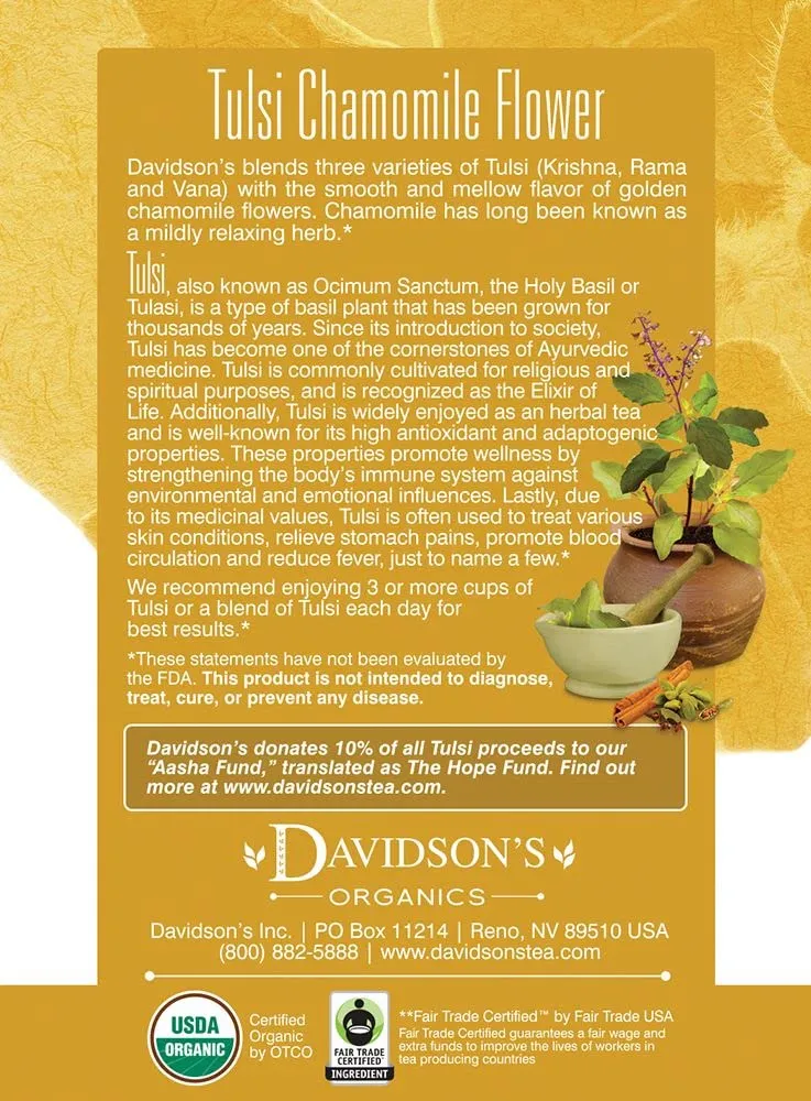 Davidson's Organics, Tulsi Chamomile Flower, 8-count Tea Bags, Pack of 12