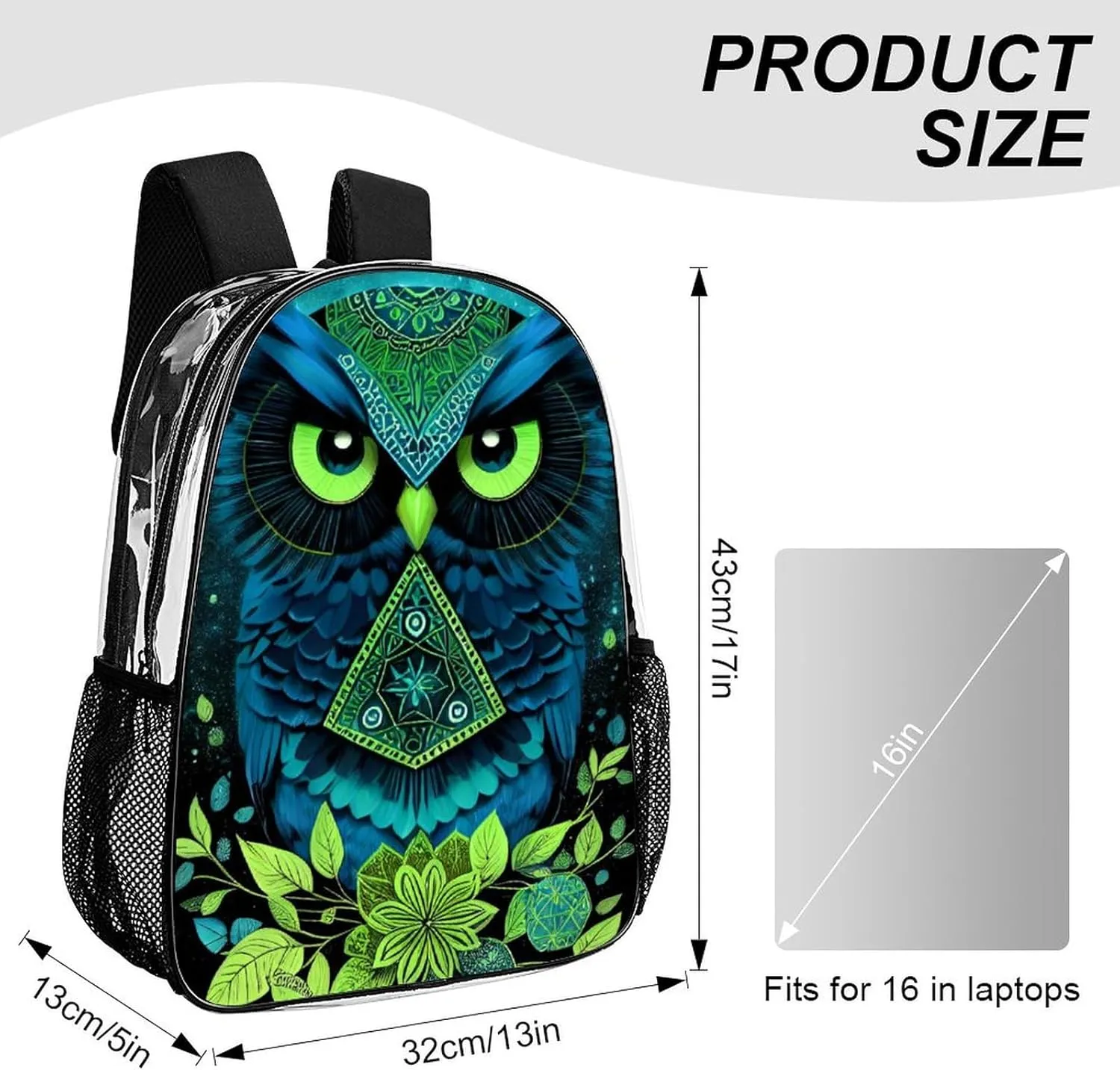 Daypack Bookbag Anti-Theft Multipurpose Large Capacity Bookbag - Blue Owl Floral Art Travel Hiking & Camping Rucksack Transparent Bag