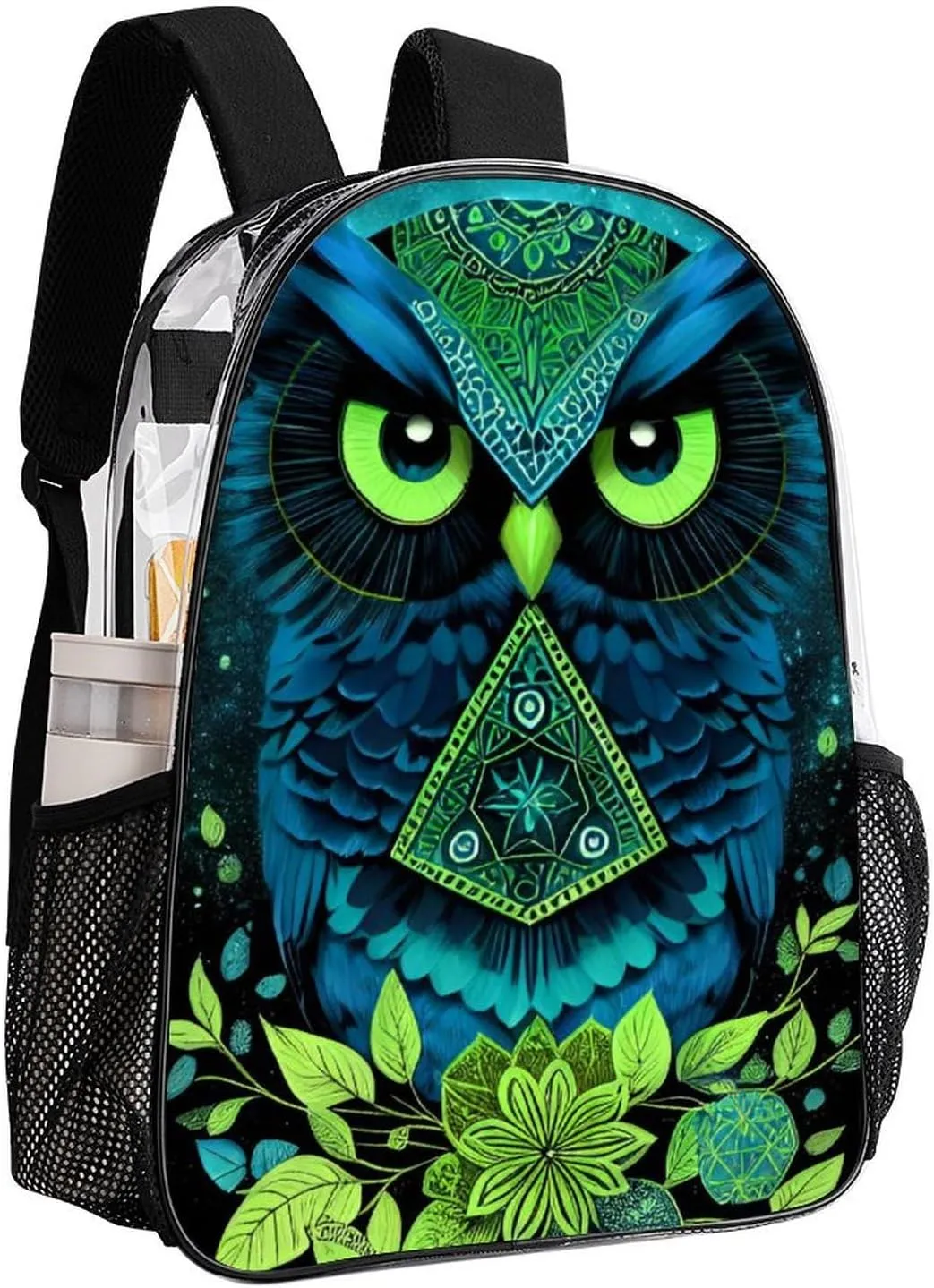Daypack Bookbag Anti-Theft Multipurpose Large Capacity Bookbag - Blue Owl Floral Art Travel Hiking & Camping Rucksack Transparent Bag