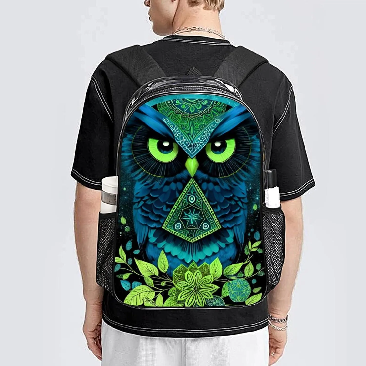 Daypack Bookbag Anti-Theft Multipurpose Large Capacity Bookbag - Blue Owl Floral Art Travel Hiking & Camping Rucksack Transparent Bag