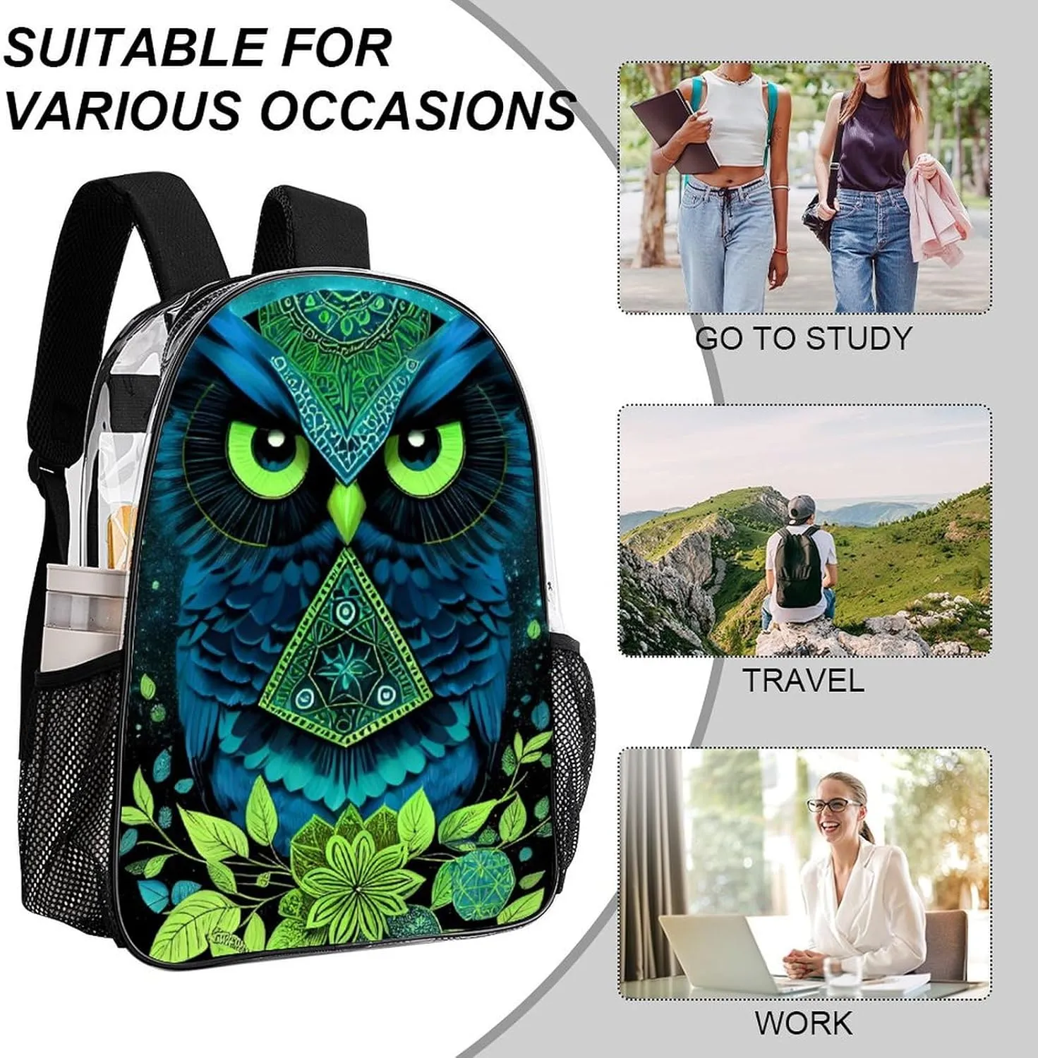 Daypack Bookbag Anti-Theft Multipurpose Large Capacity Bookbag - Blue Owl Floral Art Travel Hiking & Camping Rucksack Transparent Bag