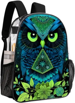 Daypack Bookbag Anti-Theft Multipurpose Large Capacity Bookbag - Blue Owl Floral Art Travel Hiking & Camping Rucksack Transparent Bag