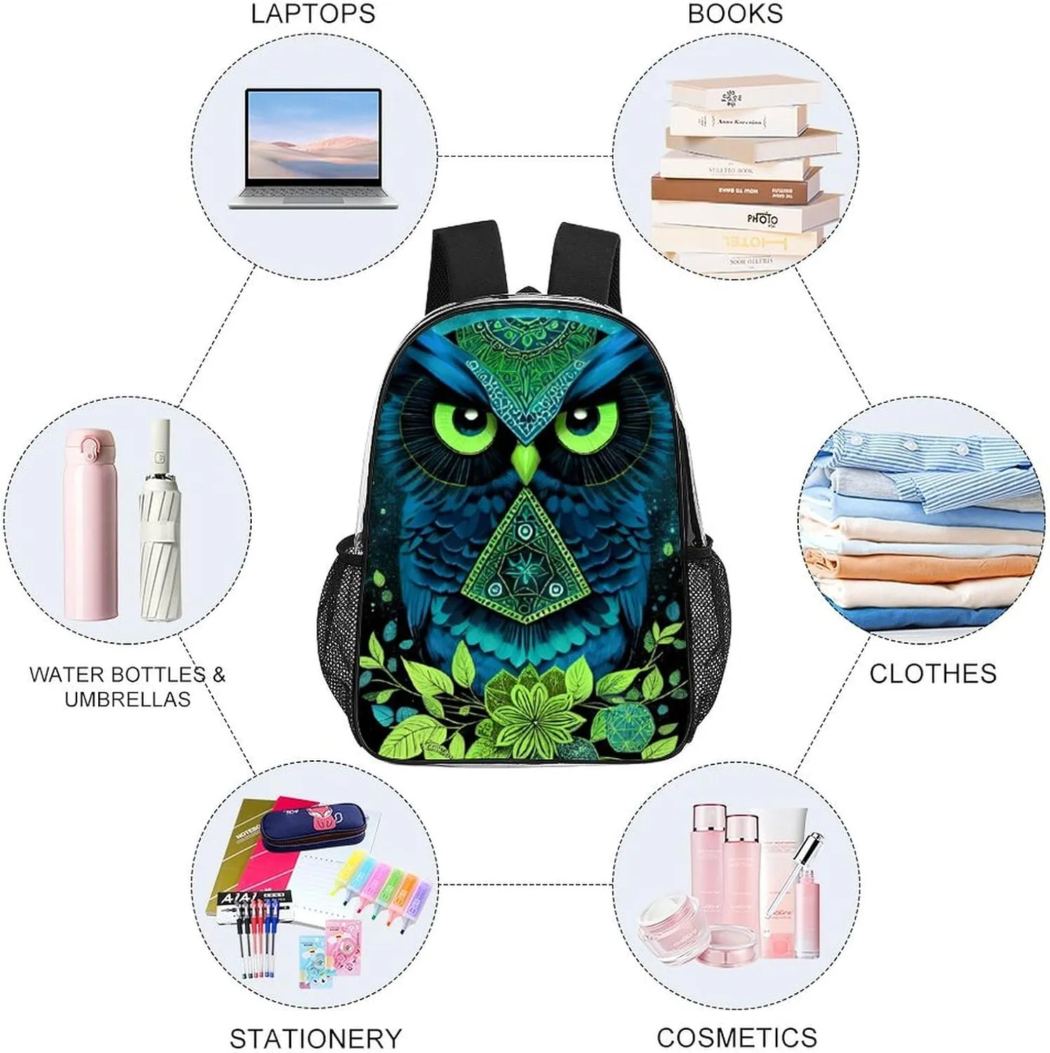 Daypack Bookbag Anti-Theft Multipurpose Large Capacity Bookbag - Blue Owl Floral Art Travel Hiking & Camping Rucksack Transparent Bag