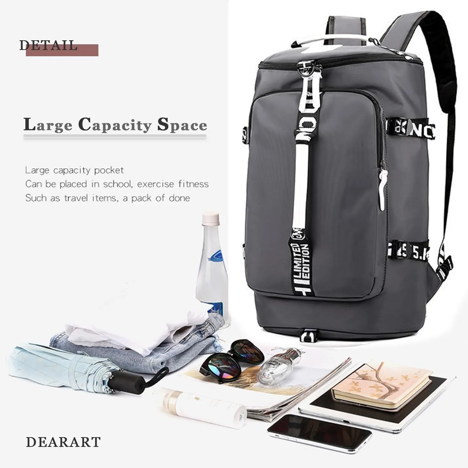 DEARART Sport Backpack Duffel Bags Waterproof with Shoes Compartment, Four Fashion Carried Ways for Travel Sport Gym, 45L, Grey