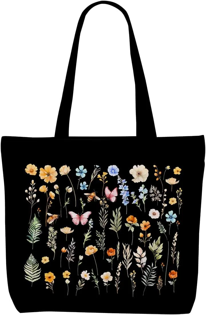 Decohim Floral Butterfly Canvas Tote Bag Boho Canvas Bag with Pocket for Work Office Women Girl Christmas Birthday Gifts