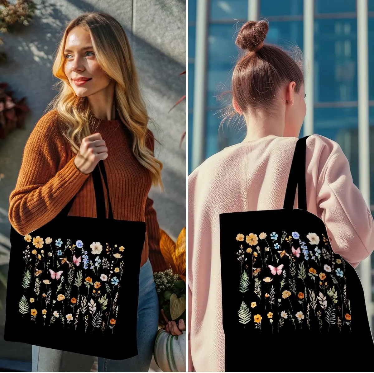 Decohim Floral Butterfly Canvas Tote Bag Boho Canvas Bag with Pocket for Work Office Women Girl Christmas Birthday Gifts