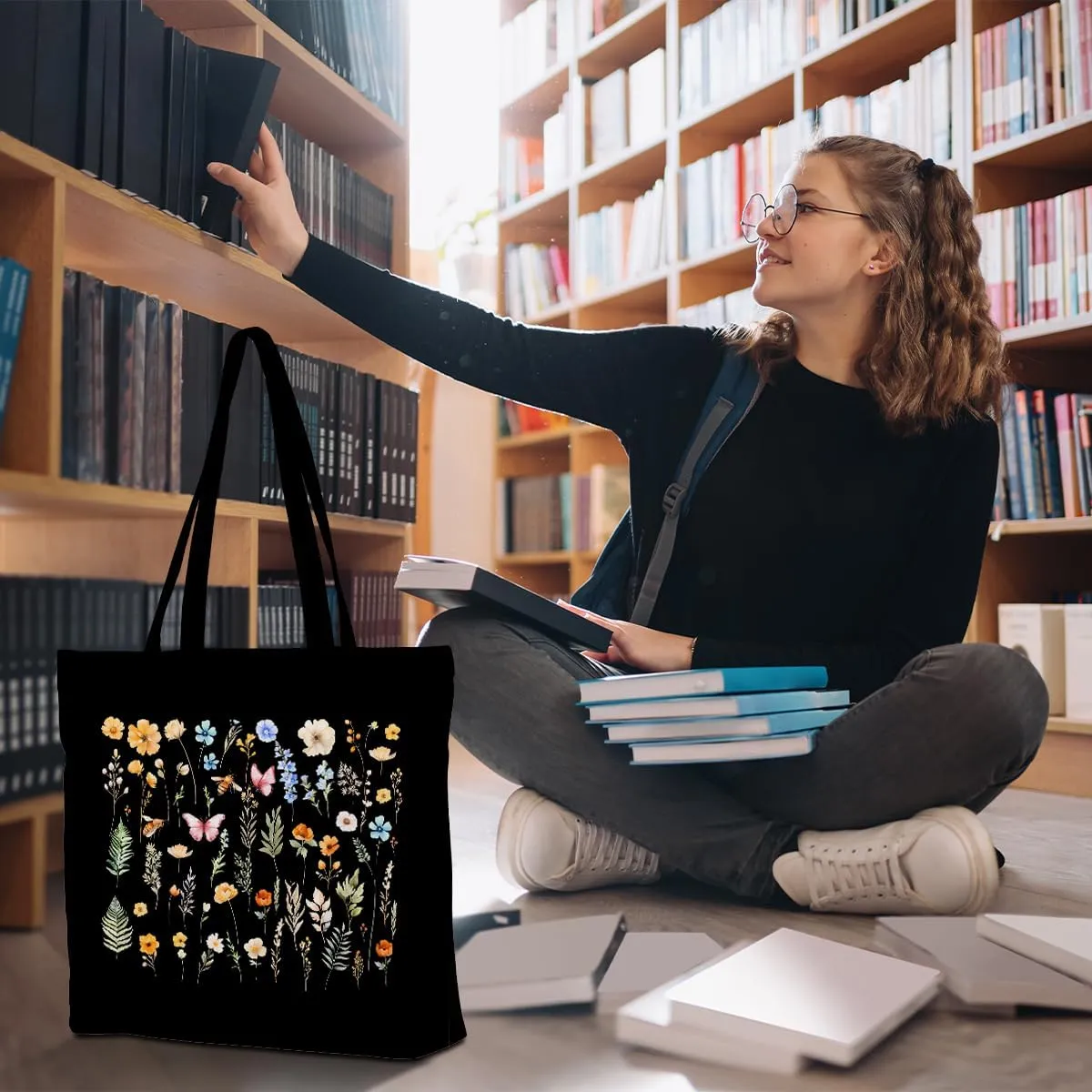 Decohim Floral Butterfly Canvas Tote Bag Boho Canvas Bag with Pocket for Work Office Women Girl Christmas Birthday Gifts