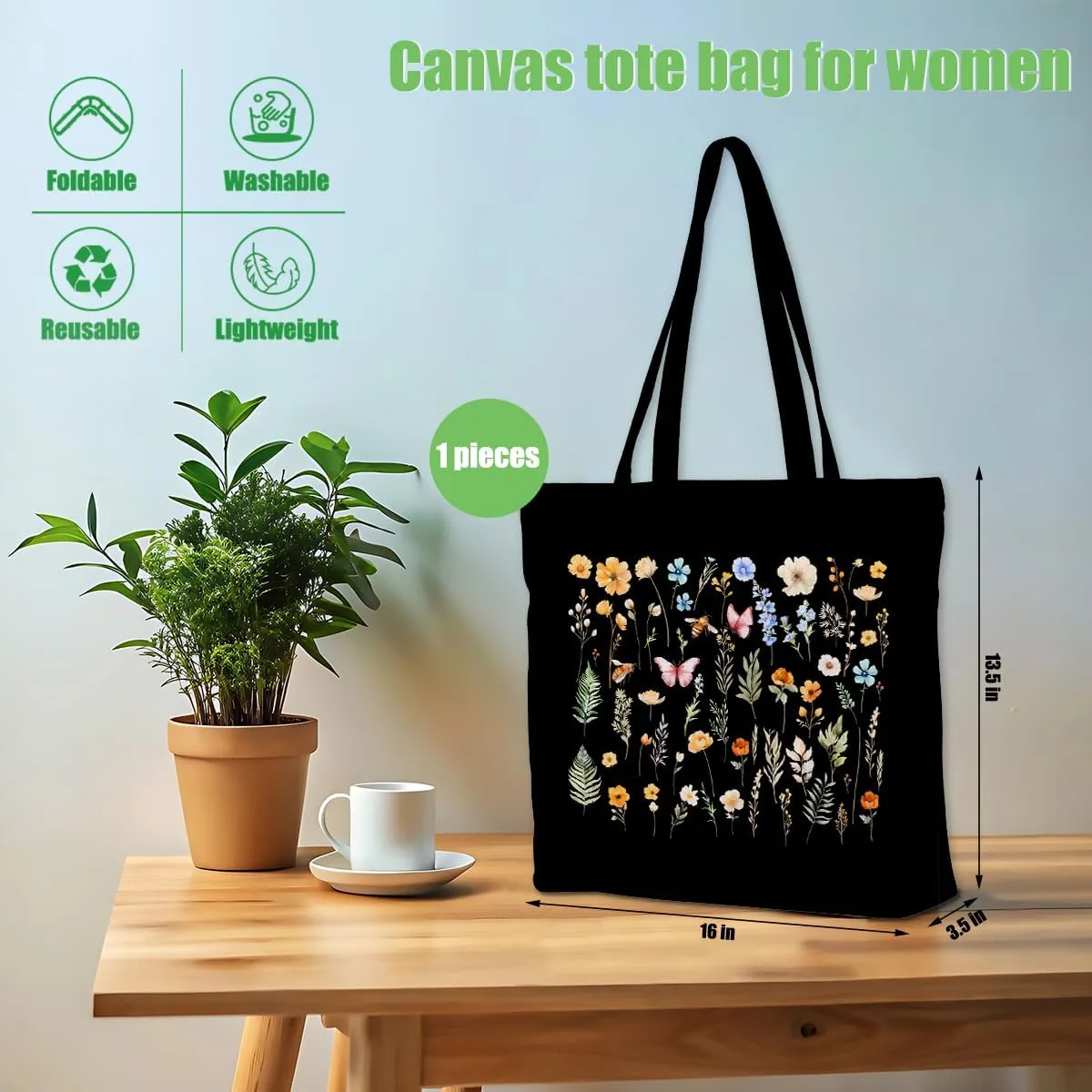 Decohim Floral Butterfly Canvas Tote Bag Boho Canvas Bag with Pocket for Work Office Women Girl Christmas Birthday Gifts