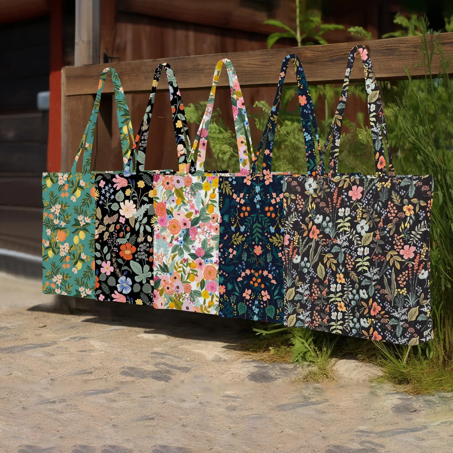Decohim Multiple Packs Floral Japanese Print Canvas Tote Bag Reusable Grocery Bags Gifts for Women Girls Birthday Christmas