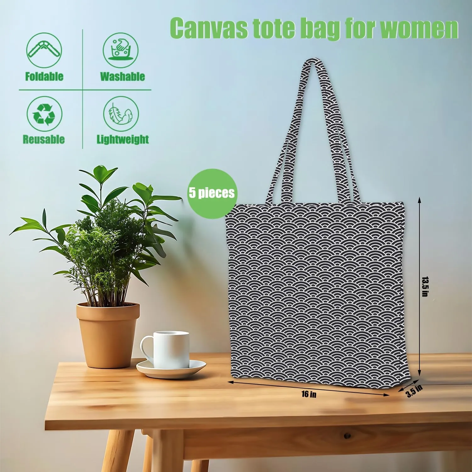 Decohim Multiple Packs Floral Japanese Print Canvas Tote Bag Reusable Grocery Bags Gifts for Women Girls Birthday Christmas