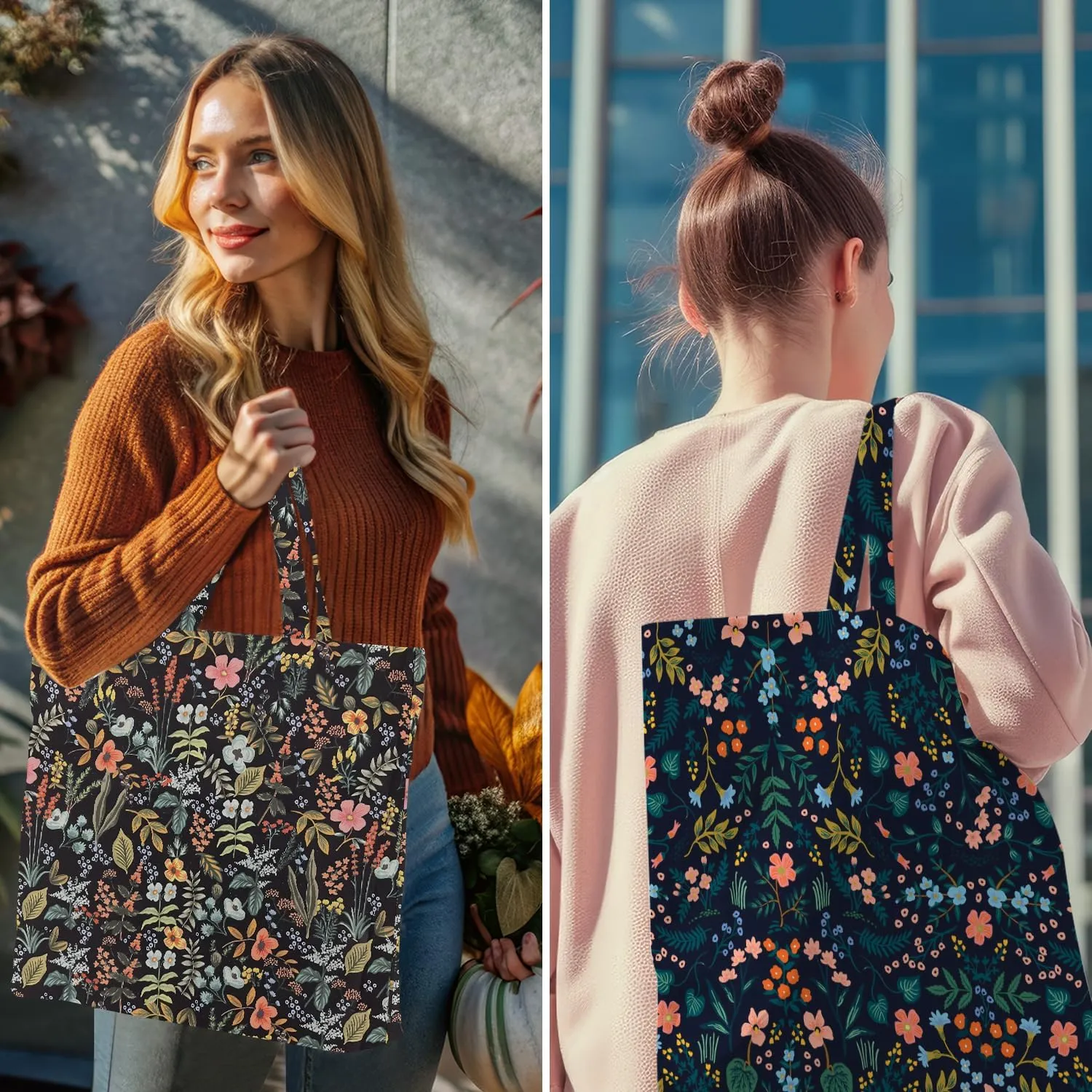 Decohim Multiple Packs Floral Japanese Print Canvas Tote Bag Reusable Grocery Bags Gifts for Women Girls Birthday Christmas