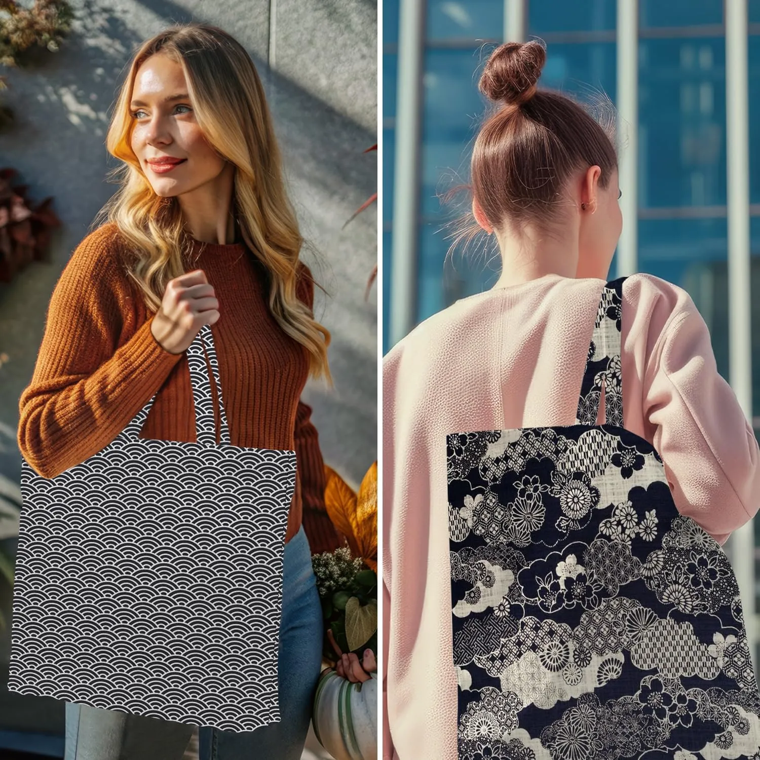 Decohim Multiple Packs Floral Japanese Print Canvas Tote Bag Reusable Grocery Bags Gifts for Women Girls Birthday Christmas