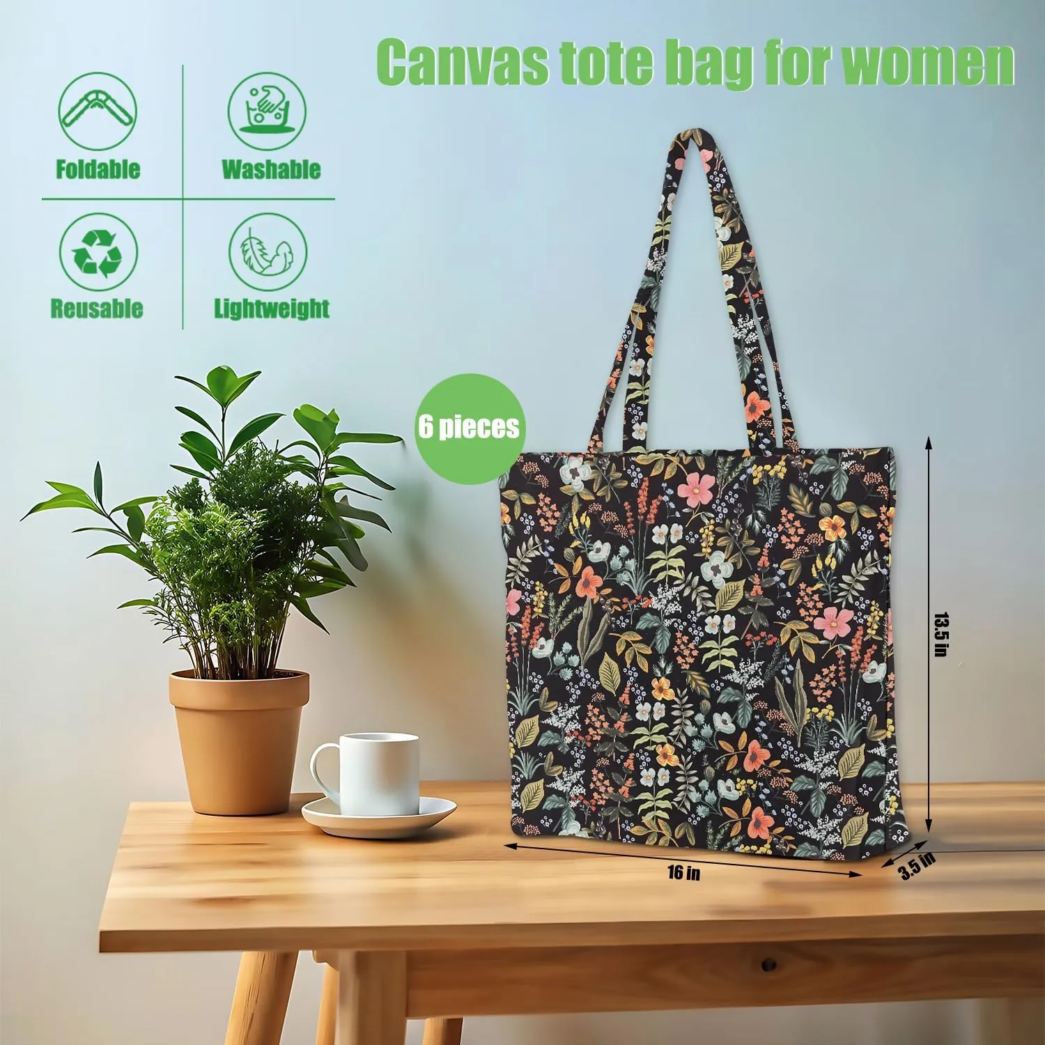 Decohim Multiple Packs Floral Japanese Print Canvas Tote Bag Reusable Grocery Bags Gifts for Women Girls Birthday Christmas