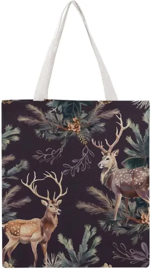 Deer Antlers Pine Tree Hunting Canvas Tote Bags Portable Shopping Grocery Bag Shoulder Handbag with Handles