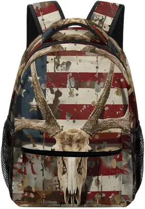 Deer Hunting US Flag Cute Backpacks 16.5″ With Padded Straps Funny Back Pack Daypack Laptop Bag for Work Travel Hiking Camping