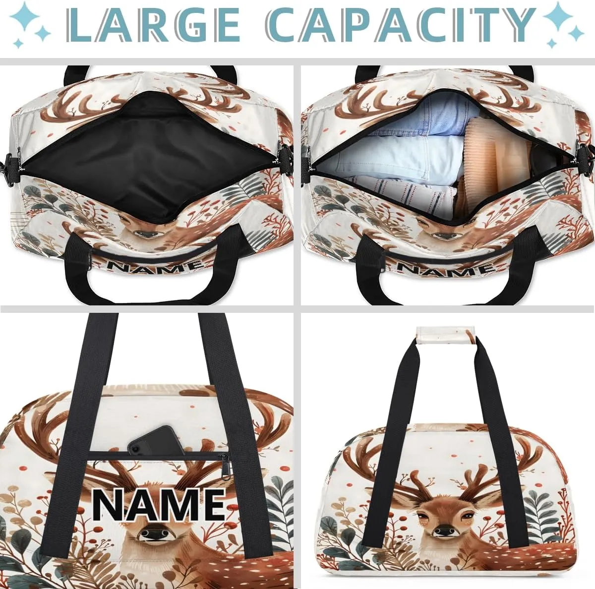 Deer Moose Elk Custom Small Gym Bag 18 inch for Women Men Personalized Animals Carry On Overnight Weekender Bag for Travel Work Dance Sport