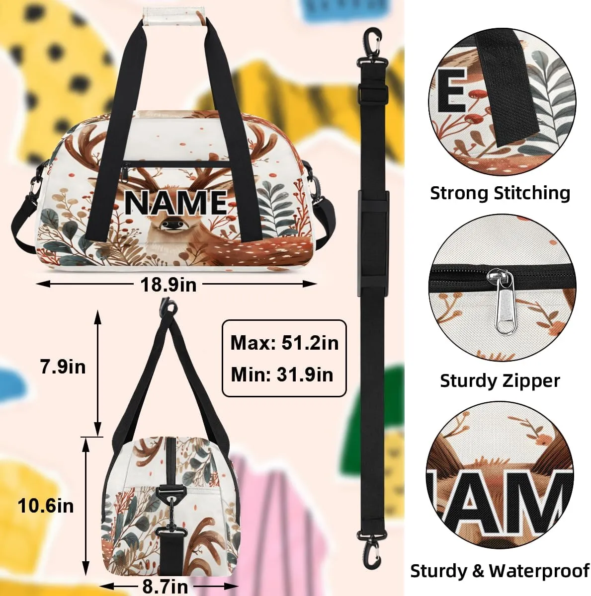 Deer Moose Elk Custom Small Gym Bag 18 inch for Women Men Personalized Animals Carry On Overnight Weekender Bag for Travel Work Dance Sport