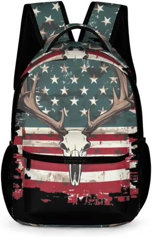 Deer Skull U.S. Flag Cute Backpack Shoulders Bag Casual Daypacks Travel Back Pack for Camping Hiking