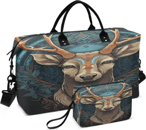 Deer Travel Duffle Bag Gym Bag, Mysterious Ethnic Deer Weekender Bags for Women with Toiletry Bag Travel Tote Bag Swim Bag