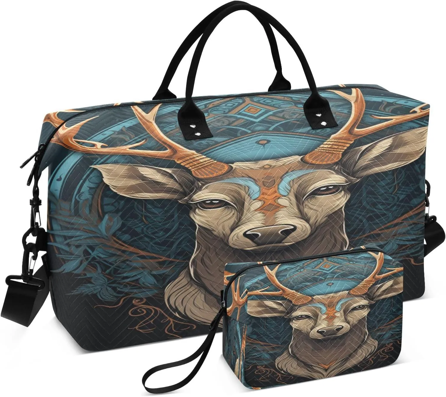 Deer Travel Duffle Bag Gym Bag, Mysterious Ethnic Deer Weekender Bags for Women with Toiletry Bag Travel Tote Bag Swim Bag