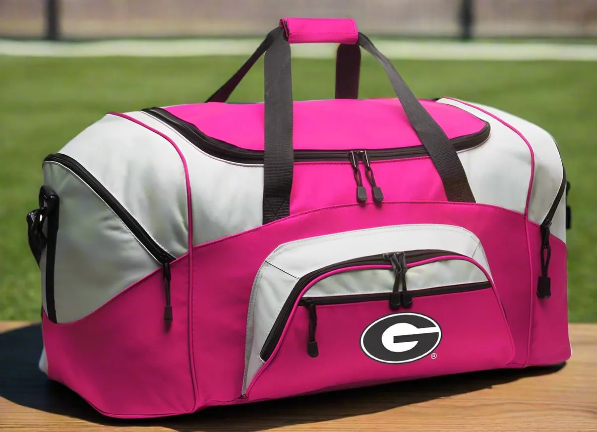 DELUXE University of Georgia Suitcase Duffel Bag or LARGE Georgia Bulldogs Gym Bag Gear Duffle (Pink)