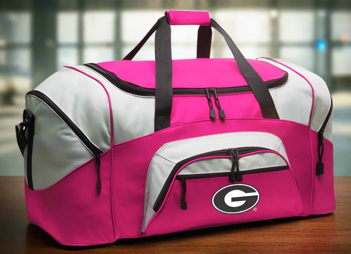 DELUXE University of Georgia Suitcase Duffel Bag or LARGE Georgia Bulldogs Gym Bag Gear Duffle (Pink)