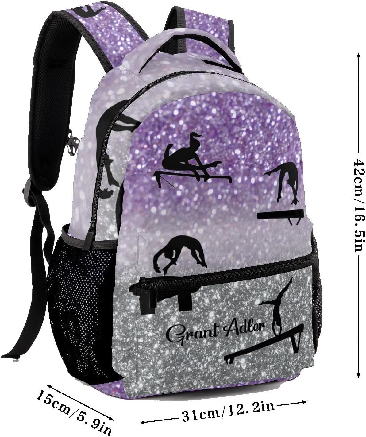 Deven I Love Gymnastics Purple Grey Personalized Kids for Boy/Girl Teen Primary School Daypack Travel Bag Bookbag